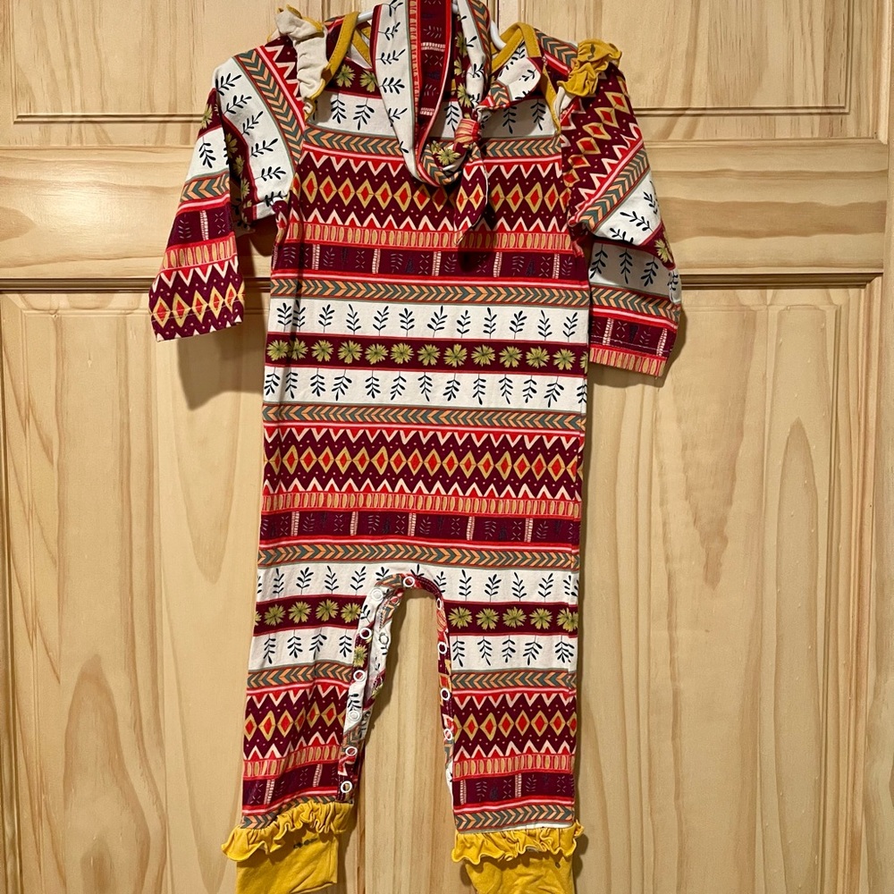 Ricrac & Ruffles Romper (Painted Leaves)